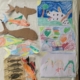 Rechts sind drei bunte Kinderbilder mit einem Hund mit schwarzen Punkten, Herzen und Kindern übereinander angeordnet. Auf der linken Seite sind Fische, ein Hai und ein Delfin aus Papier bzw. Pappe aufgeklebt.